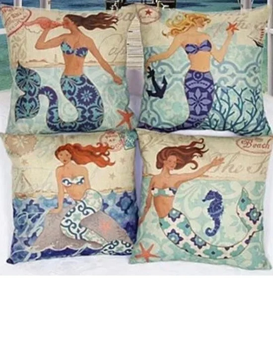 Vintage Beach Burlap Tropical 4 Mermaid Square 17 x 17.5 in Pillow cover