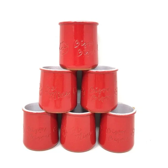 La Fermiere Red Ceramic Yogurt Jars Set of 6 Be Mine Bisou Bisou Valentine