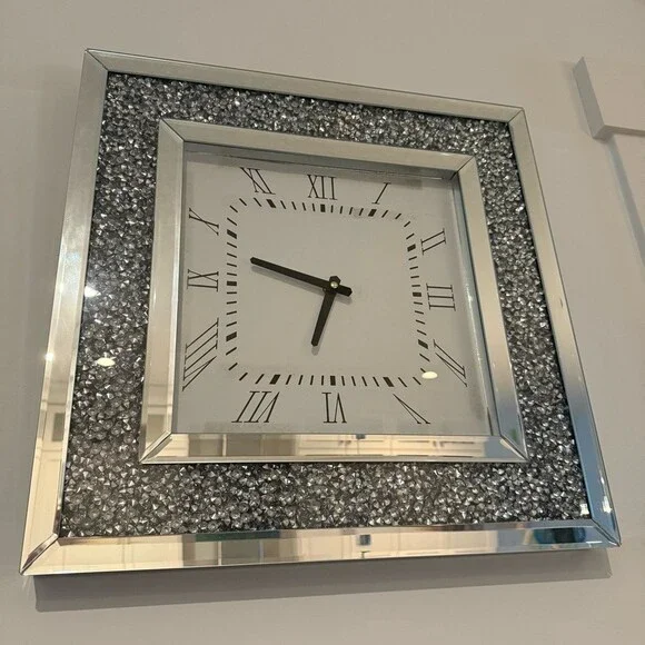 Clock diamonds mirrored shiny sparkly Glam Mirrored Square Wall Clock - Silver