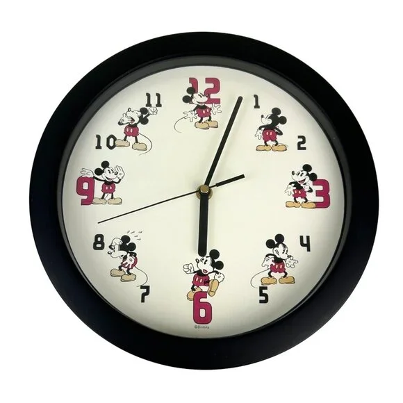 Disney It's Mickey Mouse Time Wall Clock Round Circular Black Red White Tested