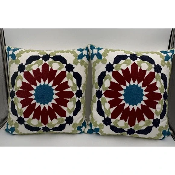 Set 2 Boho Embroidered Throw Pillows 16x16 Geometric Floral Zip Cover W/ Inserts