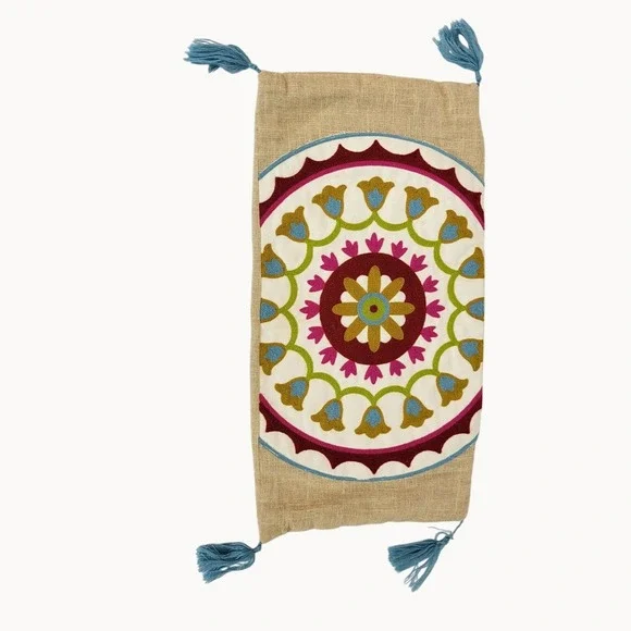 Rectangular Boho Multicolor Mosaic Beige Burlap Blue Tasseled Pillow‎ Sham Cover