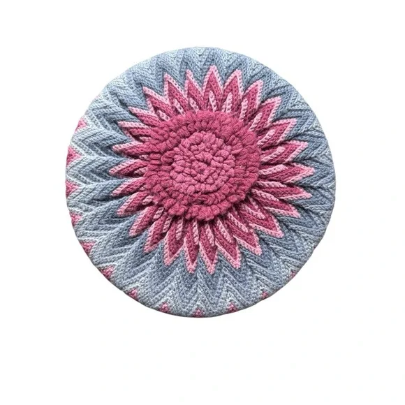 Crochet Round Throw Pillow Seat Cushion Multicolor Decor Double Side Vintage 70s