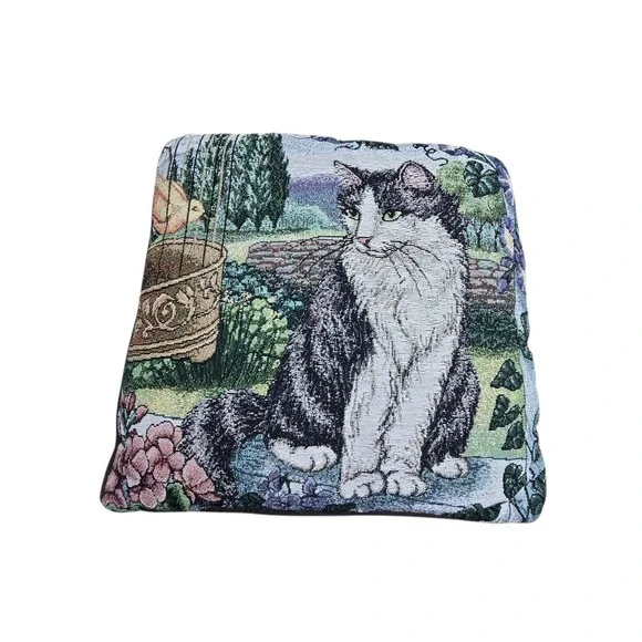 Vintage Tapestry Throw Pillow Cat Bird Garden 16