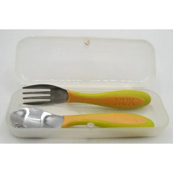 NUK 2 Piece Fork Spoon Set Lunchbox Travel Case Stainless Steel Kids Toddler Vtg