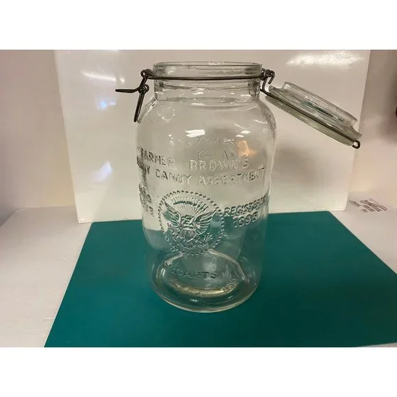 1966 Vintage Farmer Brown’s Penny Candy 4 Quart Mason Jar Wire Bale top/handle