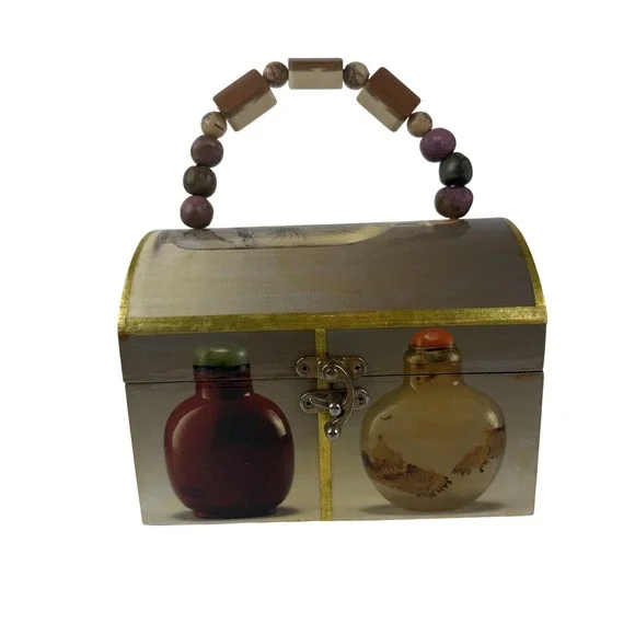 Beaded Handle Wooden Jewelry Trinket Box Asian Snuff‎ Bottle Print Hinged Latch