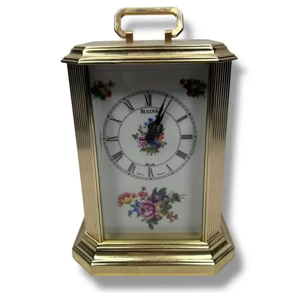 Vintage Bulova Floral Anniversary Mantle Carriage Clock Quartz‎ B 2093 Gold Tone