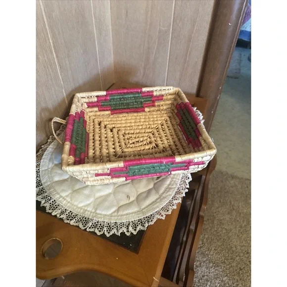 handmade vintage woven grass or palm tray basket