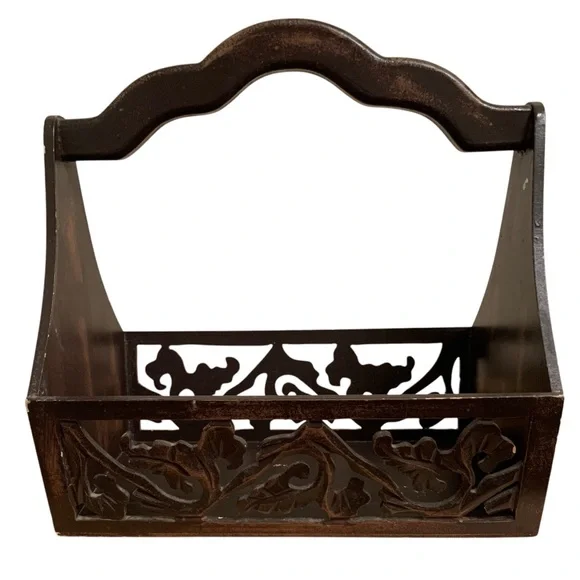 Ornate Dark Brown Rectangle Wooden Basket