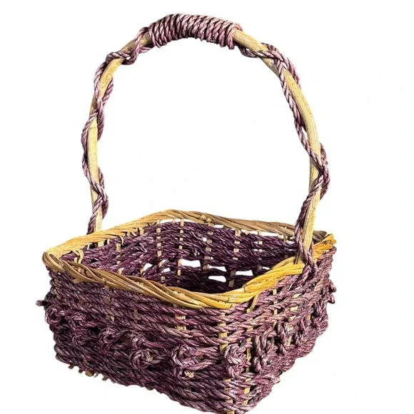 Vintage Woven Twisted Handle Basket Purple & Natural Colors Easter Spring‎ Decor