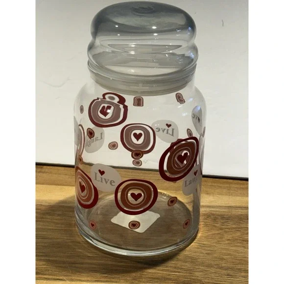 Libbey‎ Glass Valentines Day Glass Candy Jar Live Love Laugh