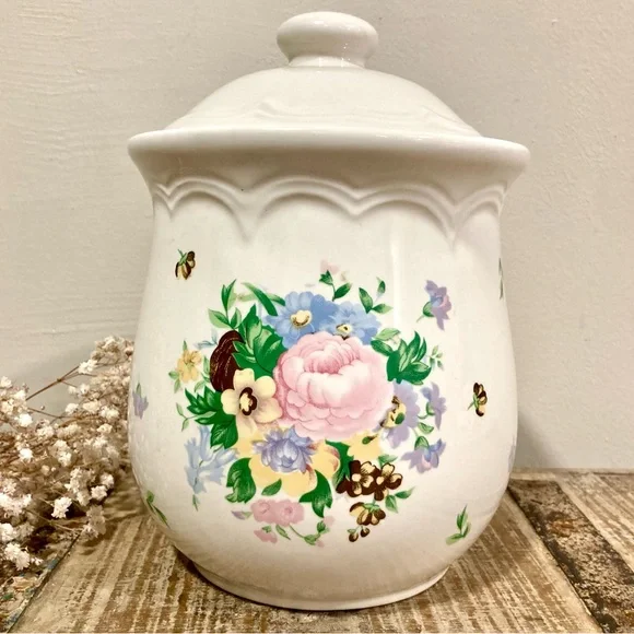 9” Tall Vintage Ceramic Canister Floral Container Storage Grandmacore Kitchen