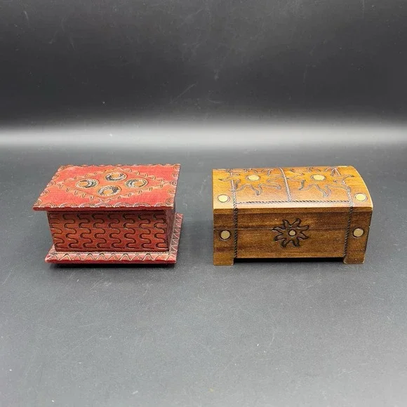 Wooden Carved Hinged Trinket Box Hand Made Poland ~ Set of 2