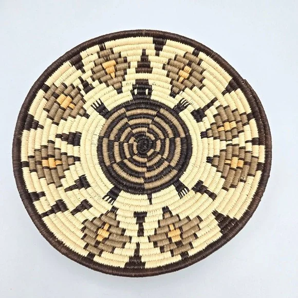 Handwoven Coiled Basket Bowl Geometric Turtle Brown‎ Cream Southwest Style 9.75