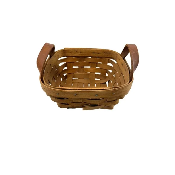 19th Century Wood Basket w/2 Leather Handles 7.25