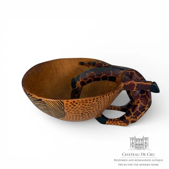 Hand Carved giraffe Wood Bowl folk art‎ trinket bowl VTGAfrican Folk Art