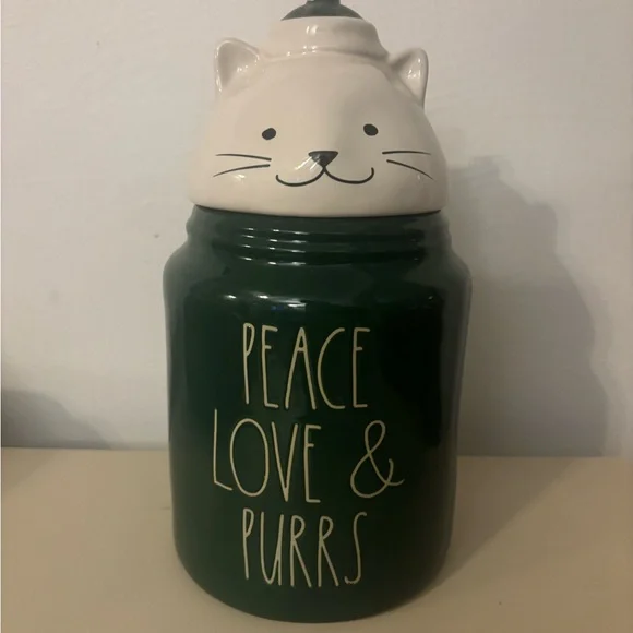 Rae Dunn Green Cat Canister Peace Love & Purrs