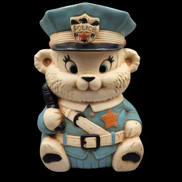 Hard to Find Twin Winton Cookie Jar Policeman Bear Collectors Series Blue Cream