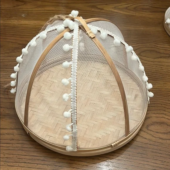 Bamboo Food‎ Covers with White Pom Poms