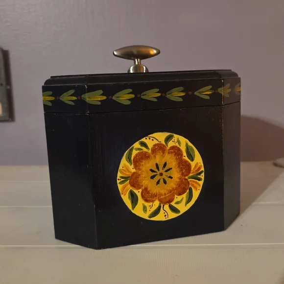 Handcrafted Black Wooden Box with Floral Design