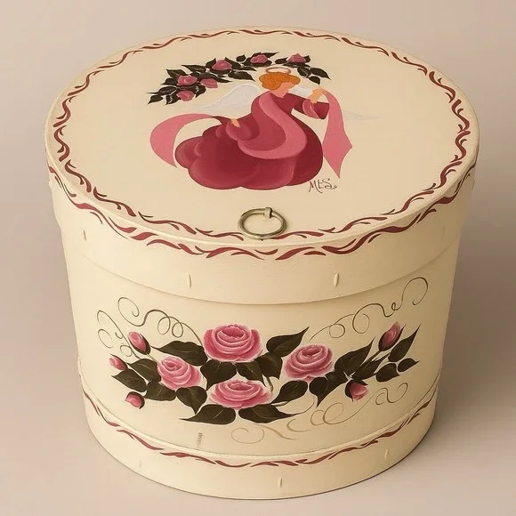 VTG Hand Painted Wooden Storage Box With Angel & Roses Design Sz 12X11