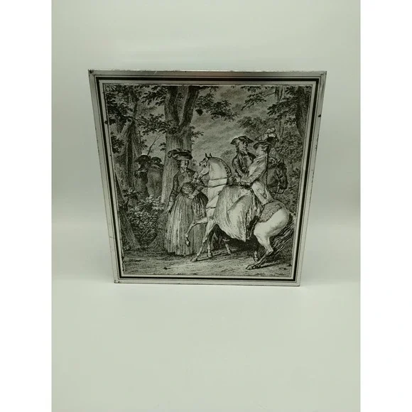 Vintage Biscuit Tin Box Embossed Colonial Equestrian Forest Theme Silver Toned