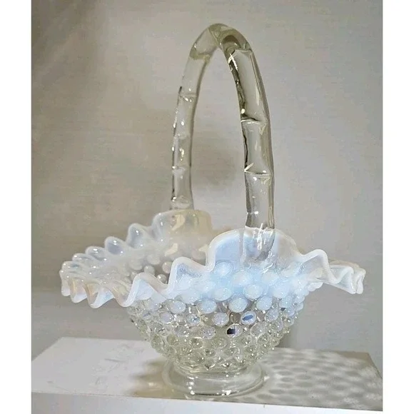 Fenton Hobnail White Opalescent Milk Glass Basket Ruffled Rim Bamboo Handle 7in