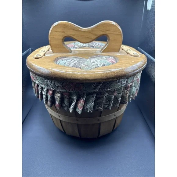 Vintage 1970s Wooden Half-Bushel Sewing Basket with Heart Pin Cushion Lid