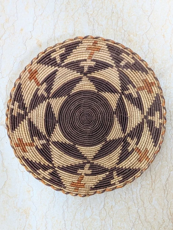 Vintage Tohono O'odham Flat Hand Woven Round Basket Tray Mid Century