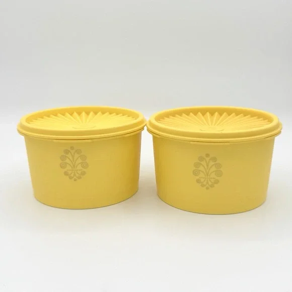 Vintage Tupperware Servalier Yellow Canisters Set 2 Sunburst Lids Retro Kitchen