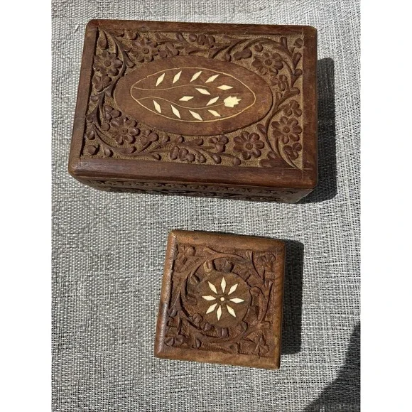 Vintage Hand Carved Wood Trinket Box Set Floral Inlay Made in India 2pc