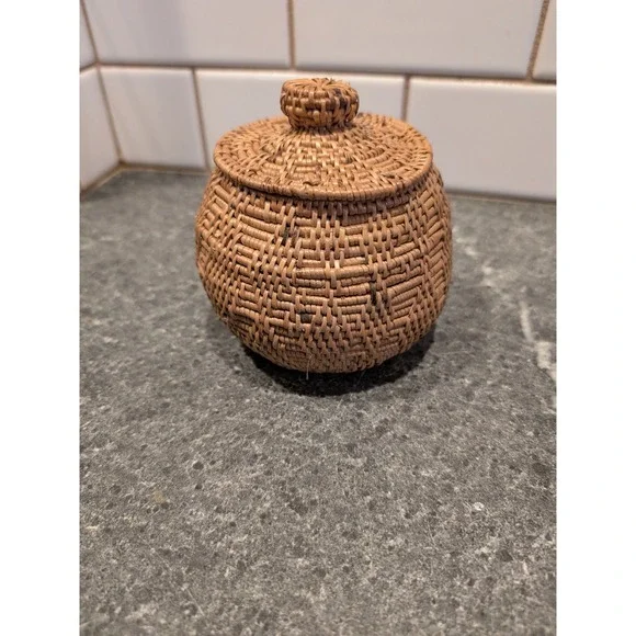 Handwoven Rattan Lidded Trinket Box Bali Village Craft