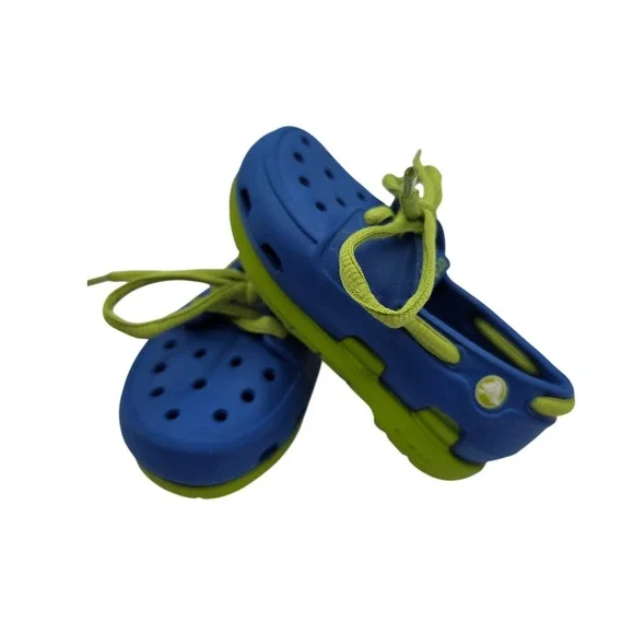 Crocs Kids Beach Line Boat Shoes Blue Lime Green Lace Up Water Shoes Size C6