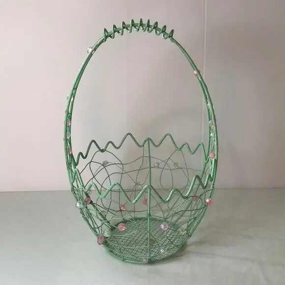 Green Multicolor Spring Decorative Vintage 90’s Metal Wire Basket with Handle