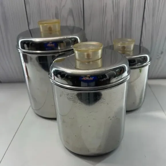 Revere Ware Set 3 Stainless Steel Canisters MCM Lucite Tops Storage Stackable