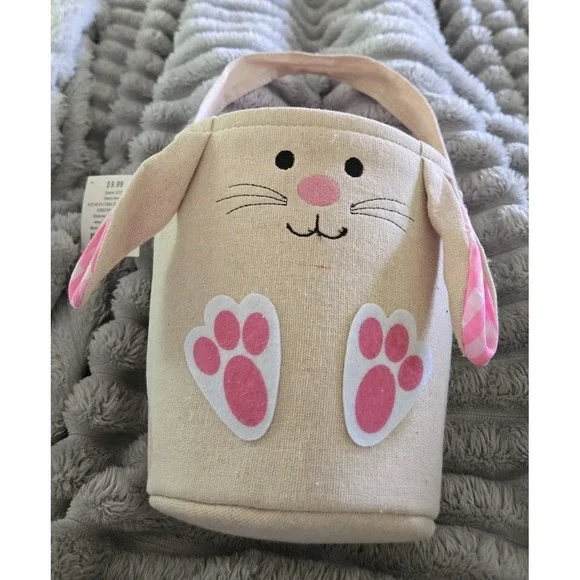 Easter Bunny Basket Burlap Canvas Tote Bag Pink Gingham Lining Floppy Ears NWT
