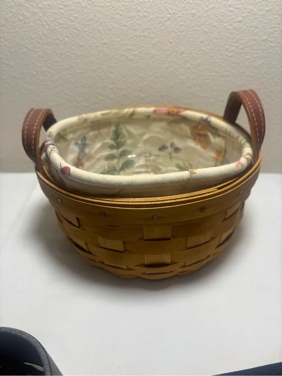 Longaberger Brown Wood Basket with Floral Cream Liner. Button basket