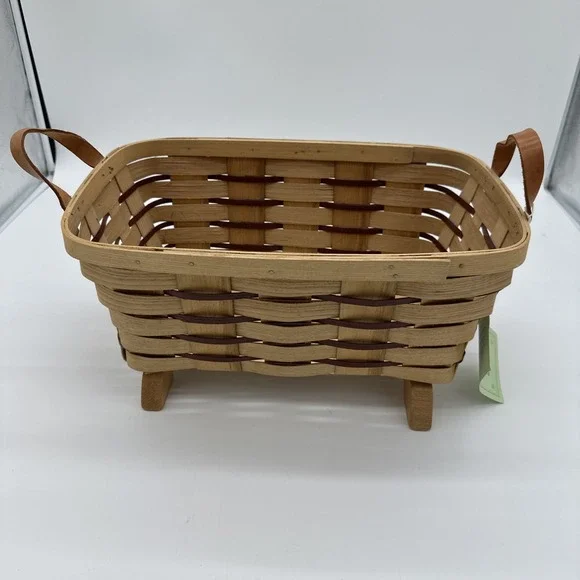 Country Living Peterboro Basket Co Woven Wood Footed Storage Tan Brown NWT