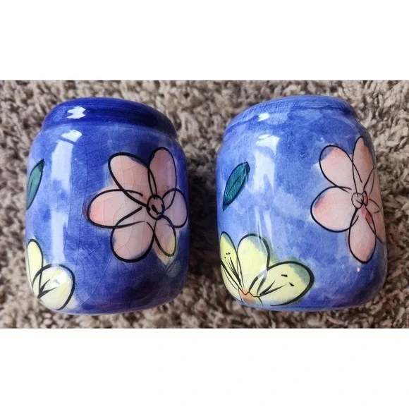 Vintage Hand Painted Floral Ceramic Salt and Pepper Shakers Blue Glaze Set