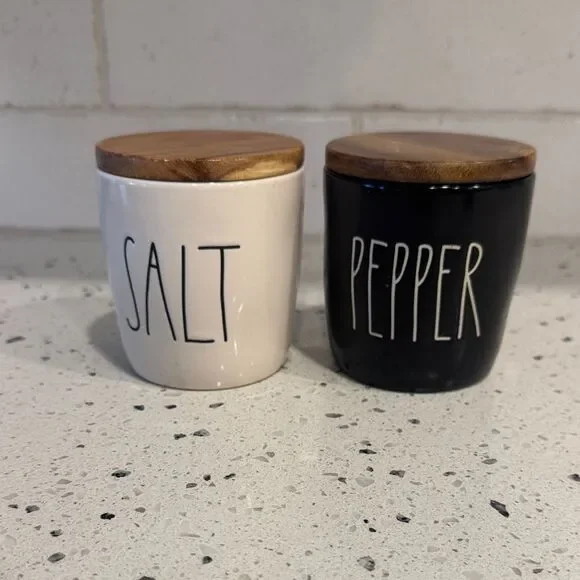 Rae Dunn Ceramic Salt And Pepper Cellars Wooden Lids Artisan Farmhouse Magenta