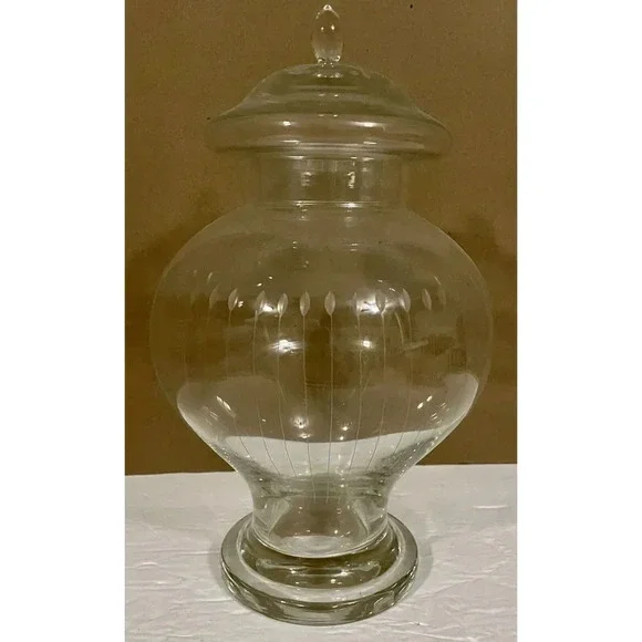 Clear Etched Glass Cookie Candy Jar Storage W/Lid 12 In H‎ x 7 In W 4.5 In Base