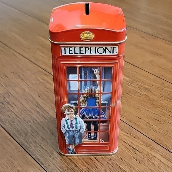 Vintage Churchill's Red Kiosk Telephone Booth Collectible Bank Tin