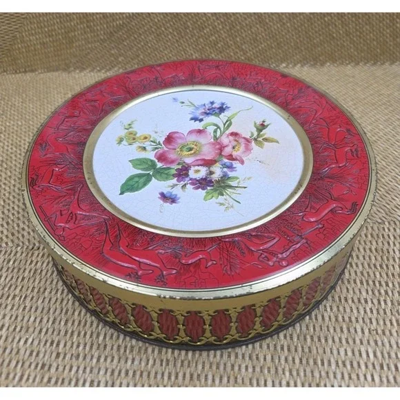 VTG Western Germany Decorative Tin Box Red & Gold Floral Embossed Container 8.5