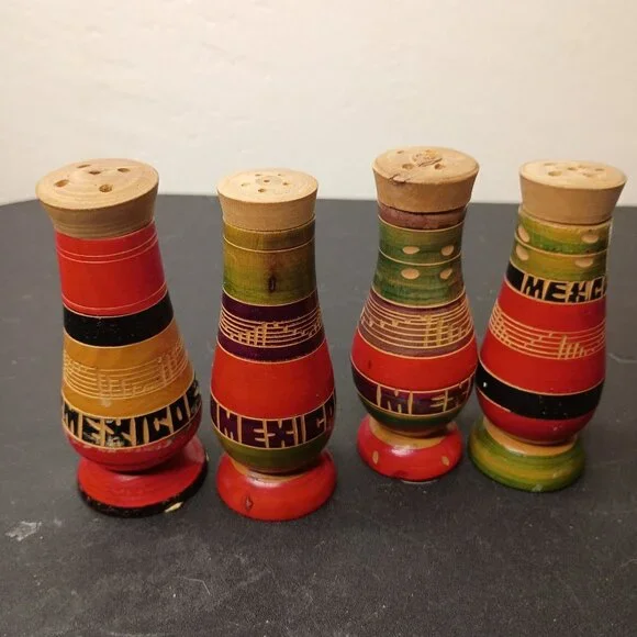 2 Sets VTG Hand-Painted Mexico Wooden Salt & Pepper Shakers Colorful 1958