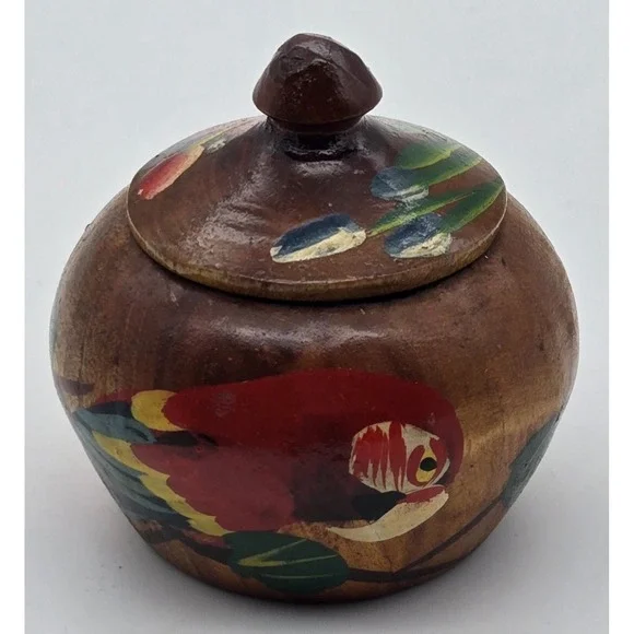 Hand Carved Wooden Trinket Jar Parrot Painted Colorful Lid Tropical Island Decor