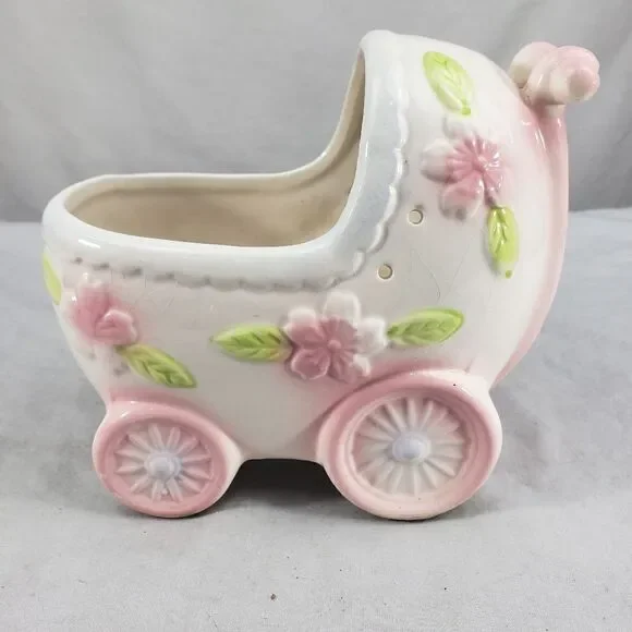 Vintage Japan Baby Buggy nursery Planter With flowers foliage & Ribbon Holes