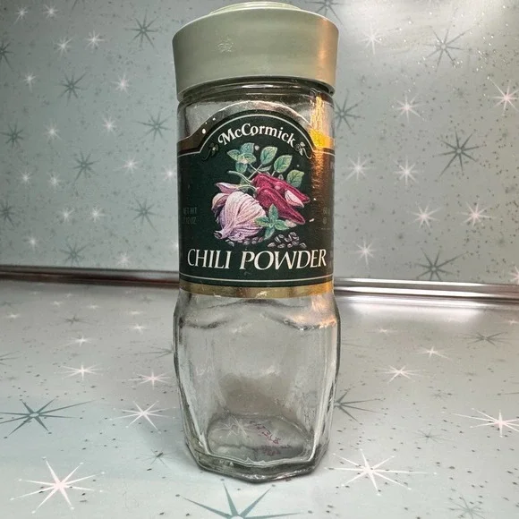 Vintage McCormick Chili Powder Jar Green Label & Lid Glass Spice Bottle Kitchen