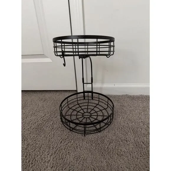 2-Tier Fruit Basket Stand with Banana Hanger Black Kitchen Counter Organizer