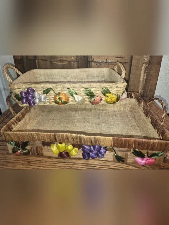 2 Vintage Raffia Woven Casserole Carriers decorated w/colorful embroidered fruit